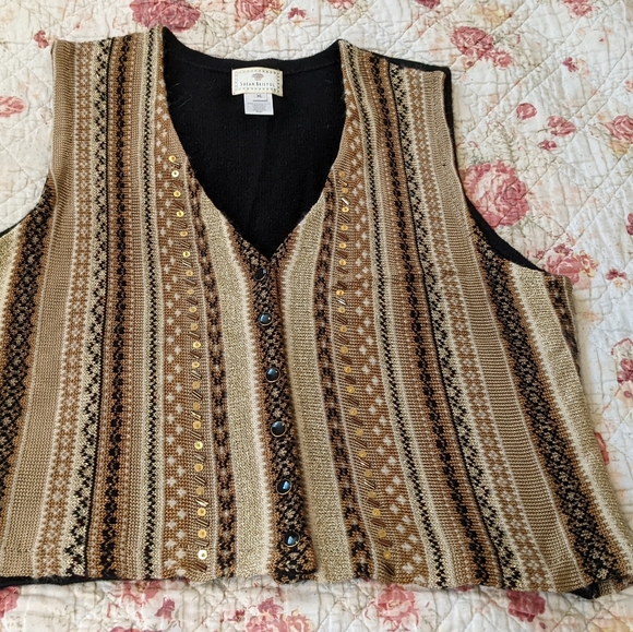 Susan Bristol Gold, Brown, and Tan Western Sweater Vest with Sequins XL - Picture 1 of 6